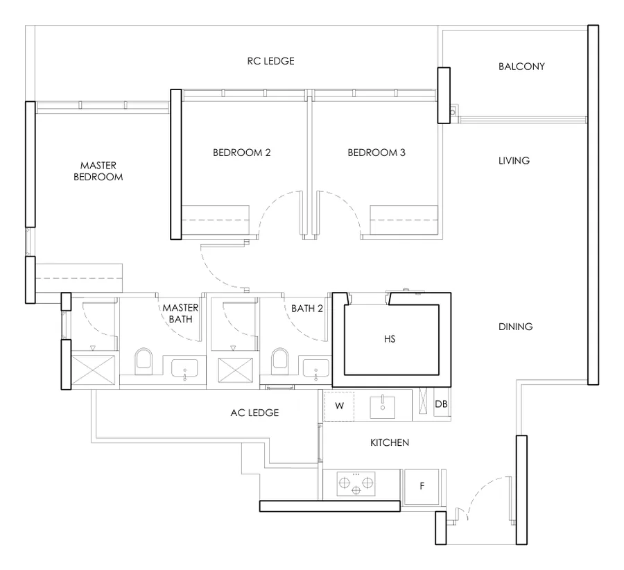 Floor plan of The Chuan Park type C1b / C1b-m, 3-Bedroom, 958 sq ft