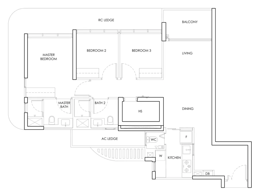 Floor plan of The Chuan Park type C2 / C2-m, 3-Bedroom, 1,023 sq ft