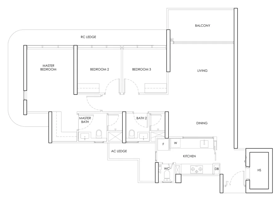 Floor plan of The Chuan Park type C3 / C3-m, 3-Bedroom, 1,206 sq ft