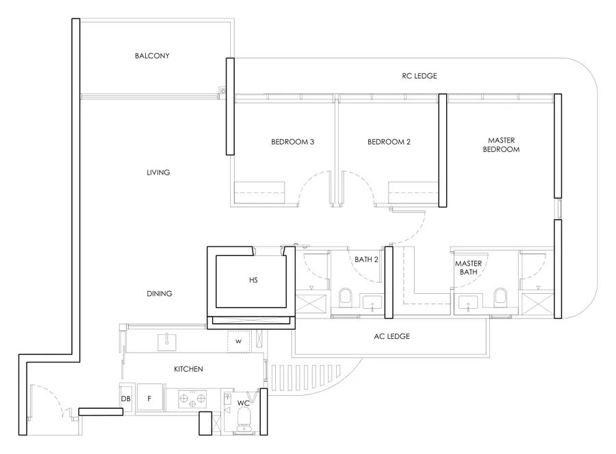 Floor plan of The Chuan Park type C3b, 3-Bedroom, 1,227 sq ft