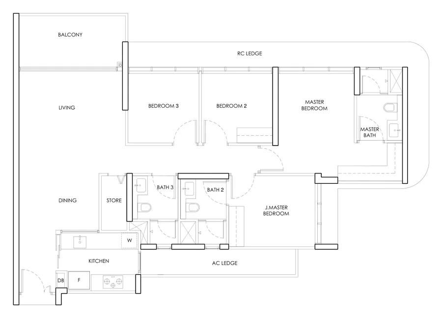 Floor plan of The Chuan Park type D1 / D1-m, 4-Bedroom, 1,335 sq ft