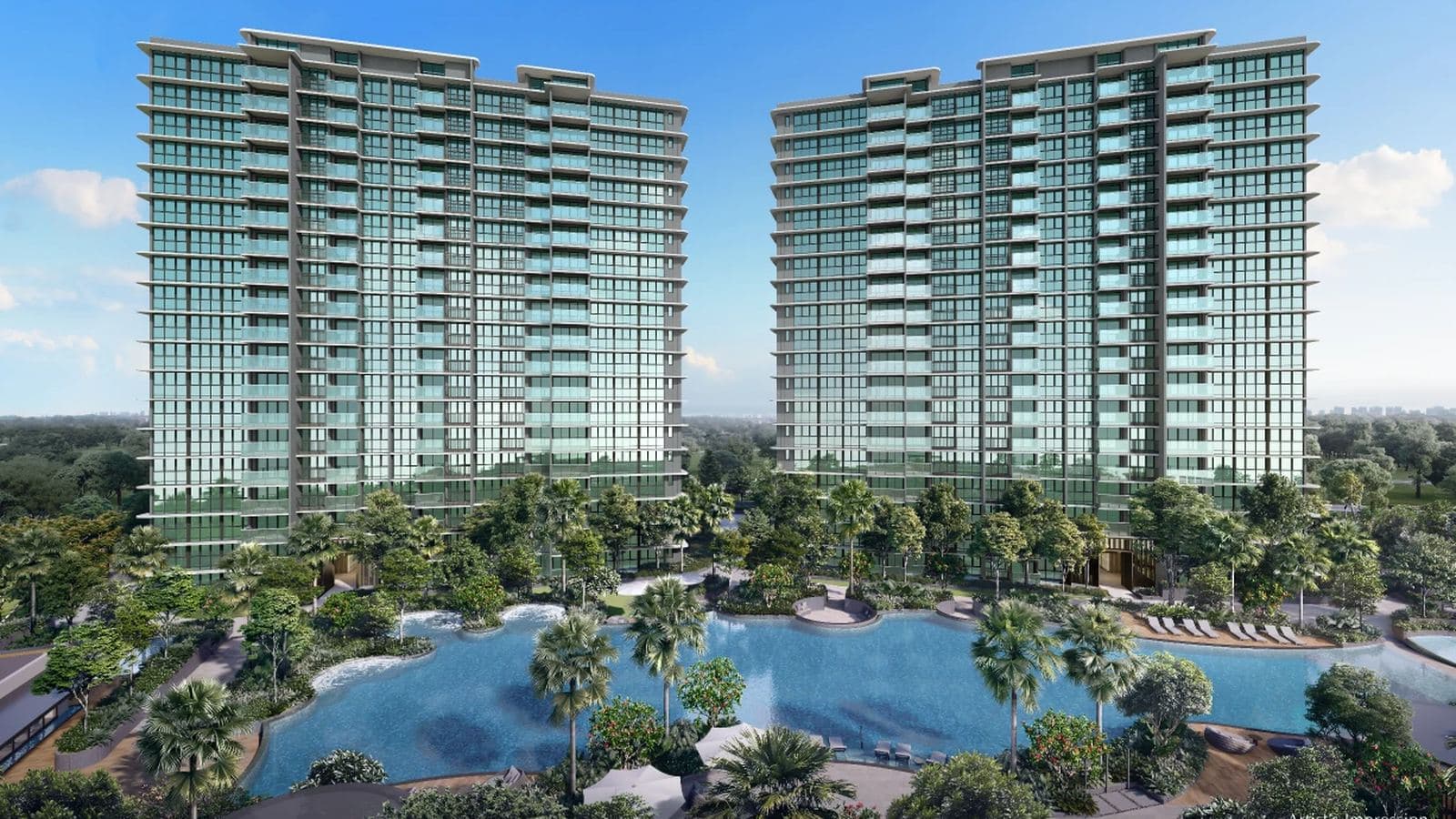 Artist's impression of two Chuan Park blocks by day, seen across the Oasis Pool and its palms
