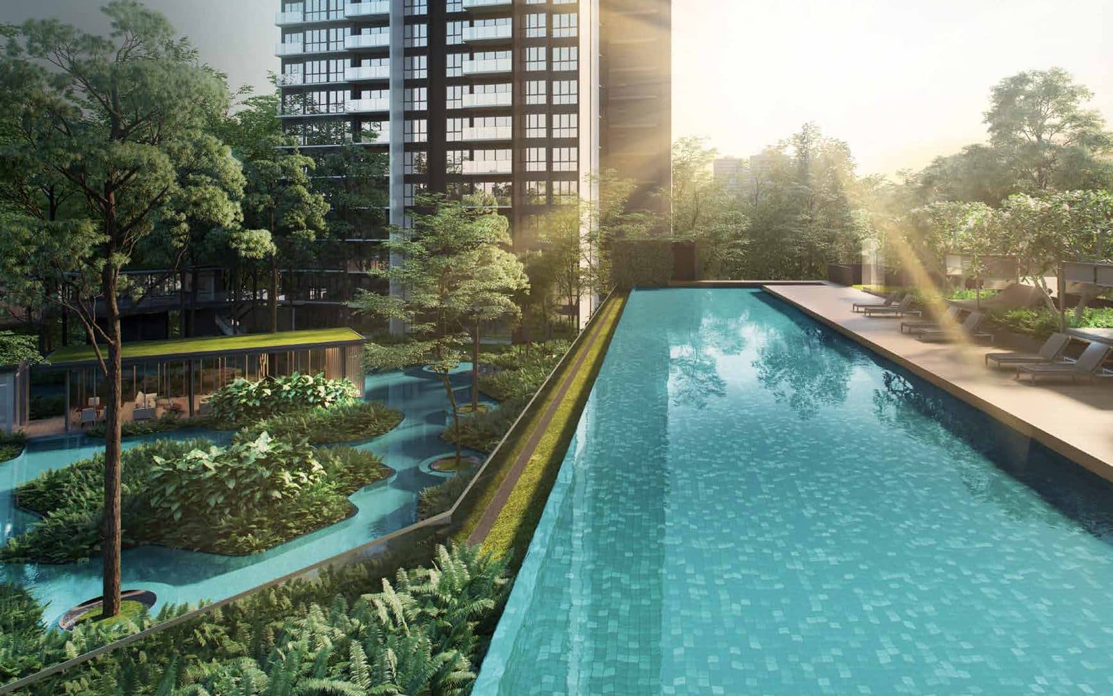 Artist's impression of The Clement Canopy: the lap pool on the 3rd storey deck with one of the two 40-storey towers behind it