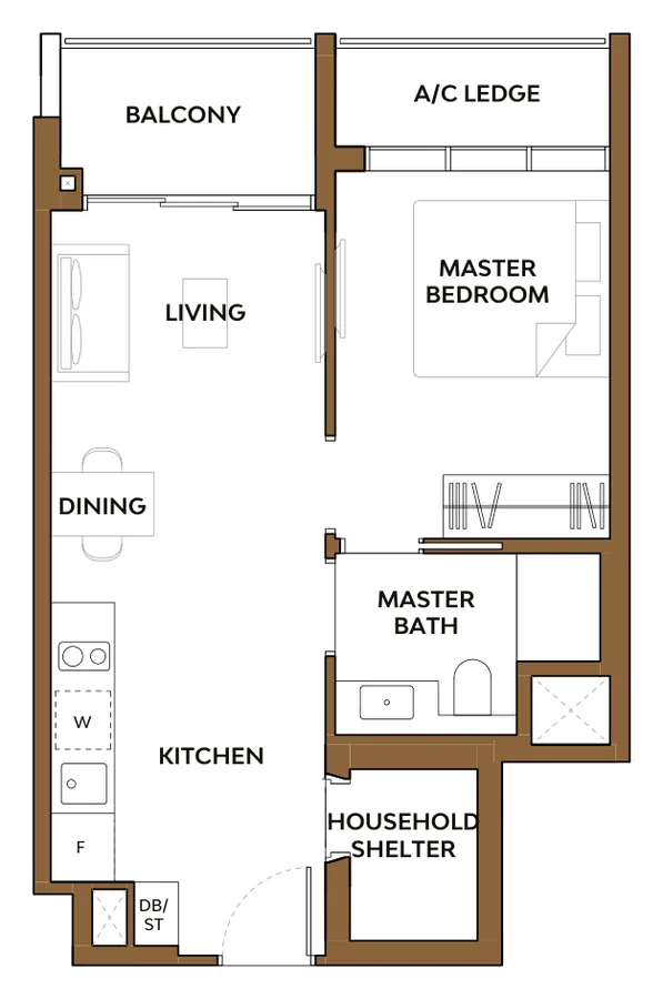 Floor plan of The Collective at One Sophia type 1H1, 1-Bedroom Premium, 538 sq ft