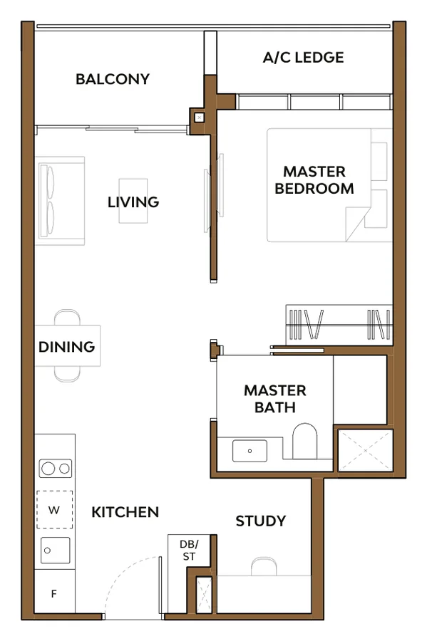 Floor plan of The Collective at One Sophia type 1S1, 1-Bedroom + Study, 549 sq ft