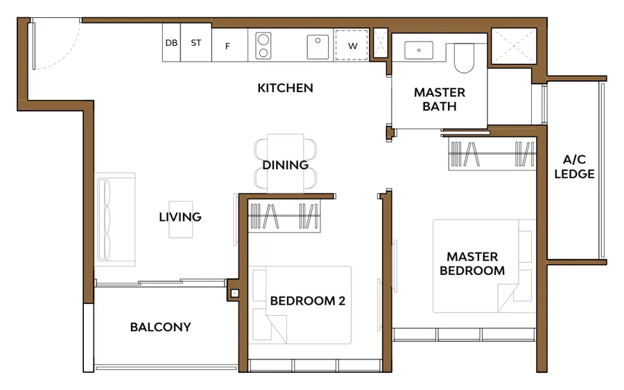 Floor plan of The Collective at One Sophia type 2C3, 2-Bedroom Deluxe, 667 sq ft