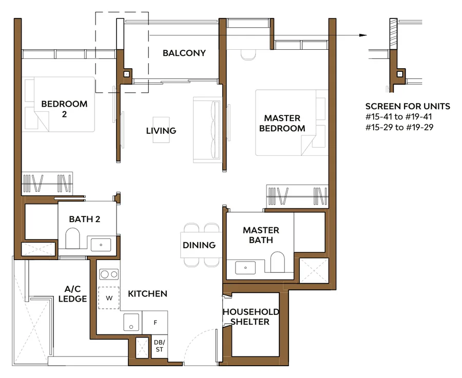 Floor plan of The Collective at One Sophia type 2H1, 2-Bedroom Premium, 764 sq ft