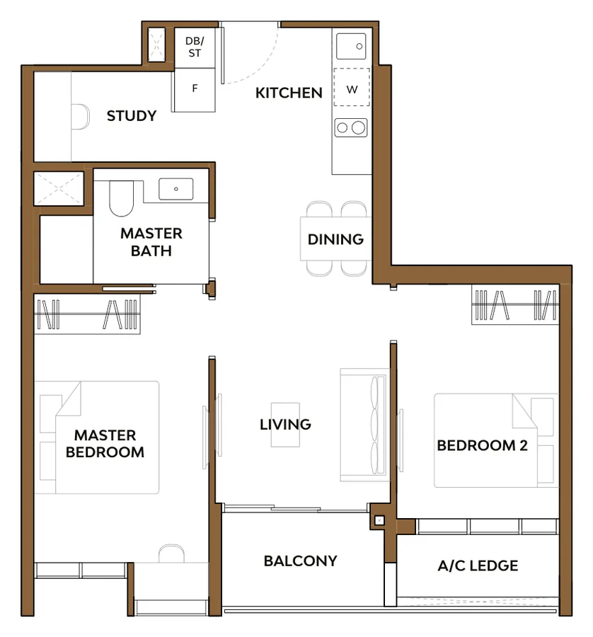 Floor plan of The Collective at One Sophia type 2S1, 2-Bedroom Deluxe + Study, 700 sq ft