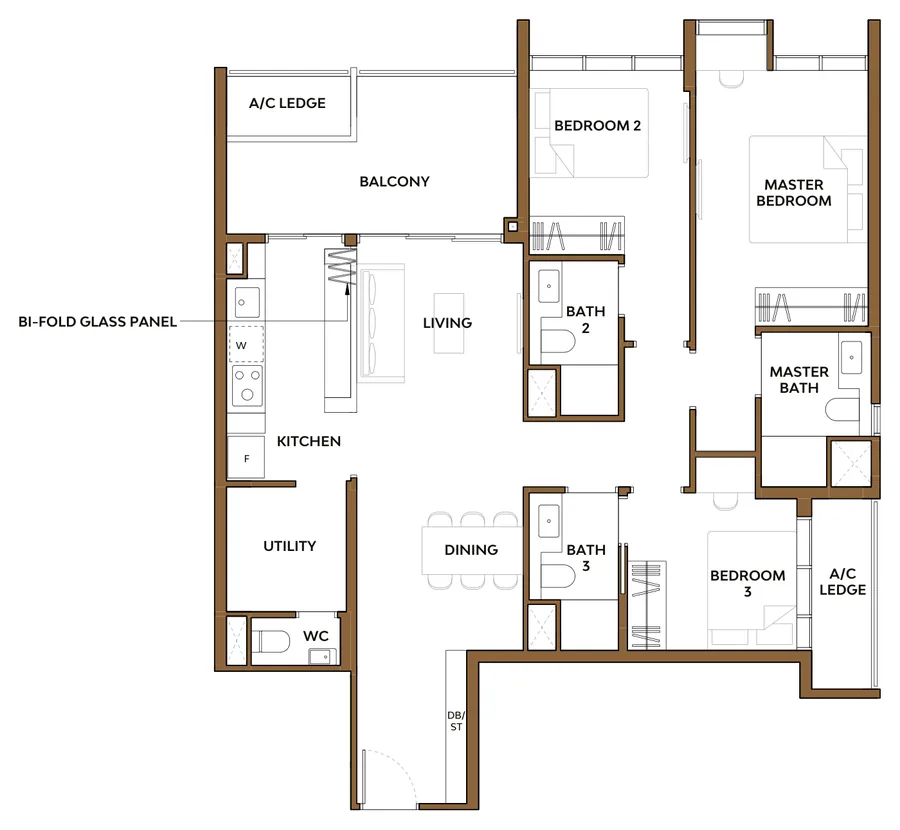 Floor plan of The Collective at One Sophia type 3D1, 3-Bedroom Luxury, 1,227 sq ft