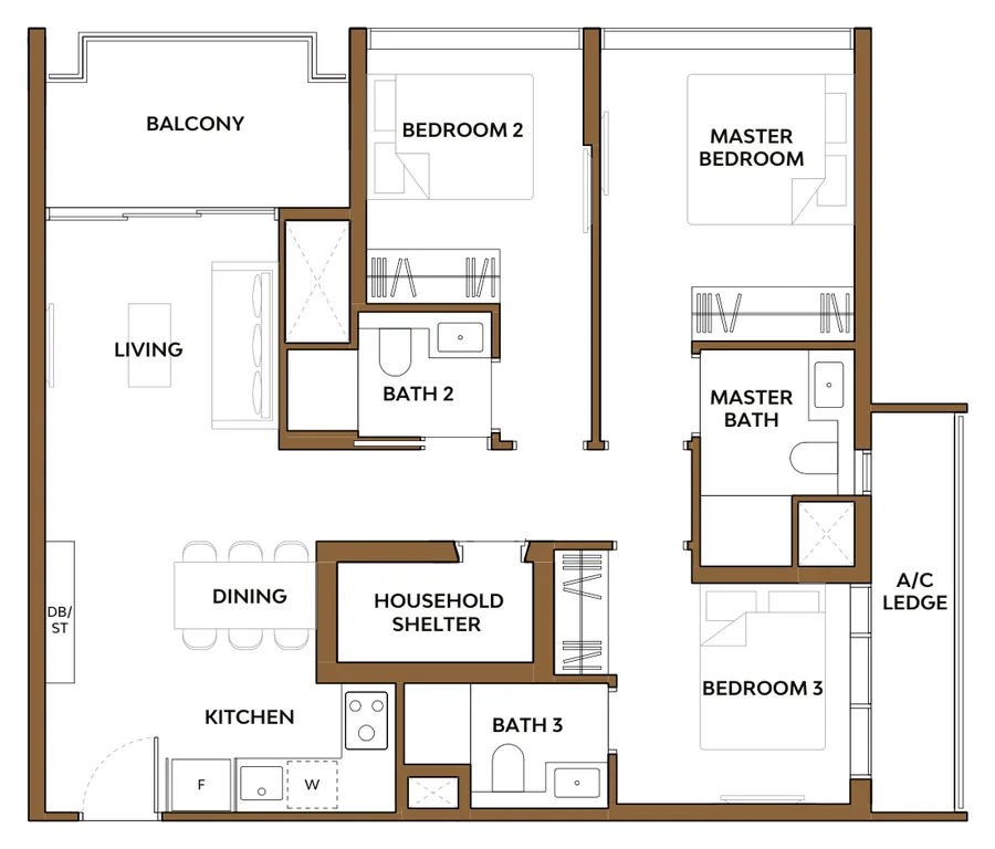 Floor plan of The Collective at One Sophia type 3H1, 3-Bedroom Premium, 1,023 sq ft