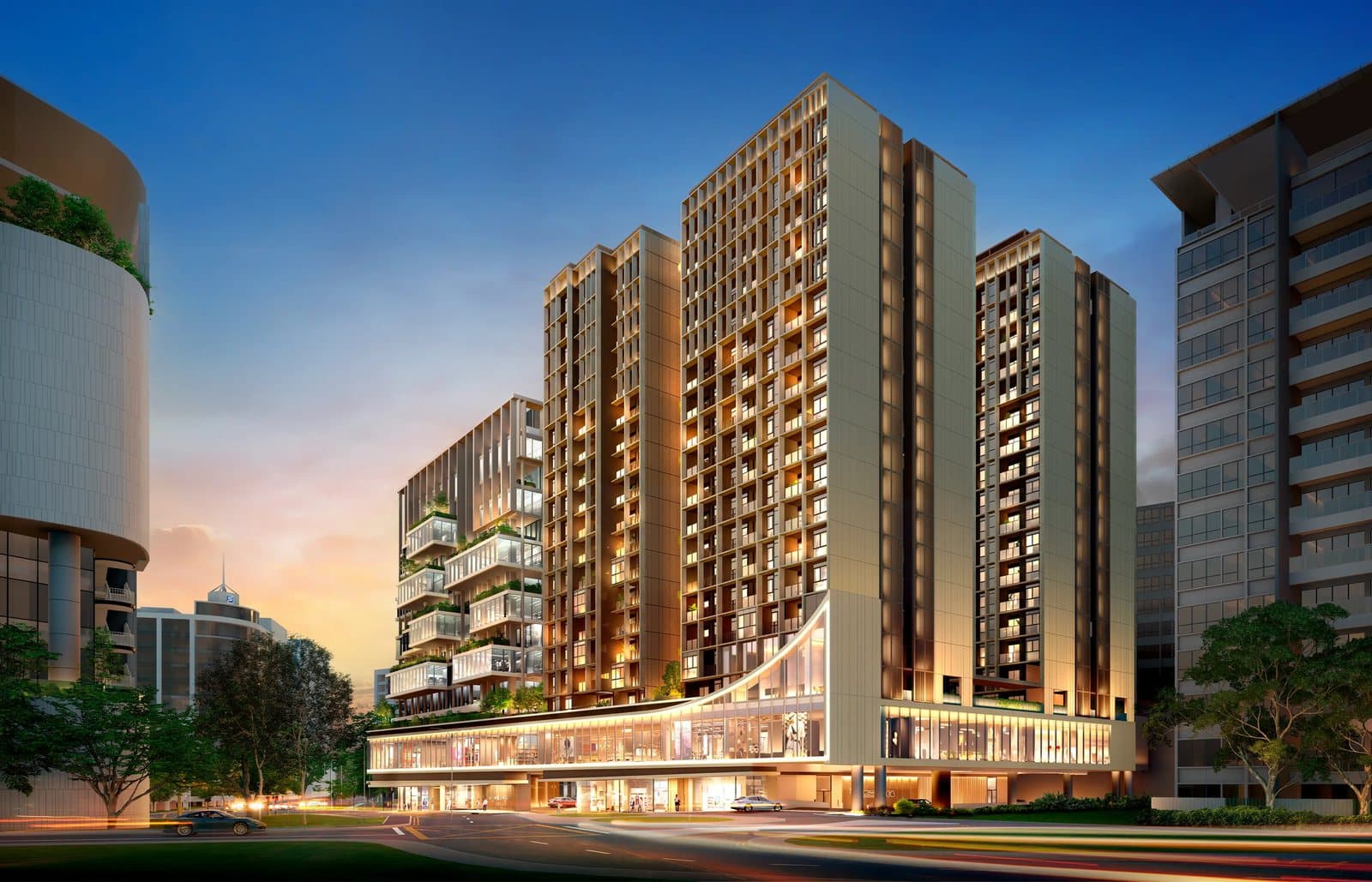 Artist's impression of The Collective at One Sophia at dusk: the two residential blocks above the retail podium, with the office building behind