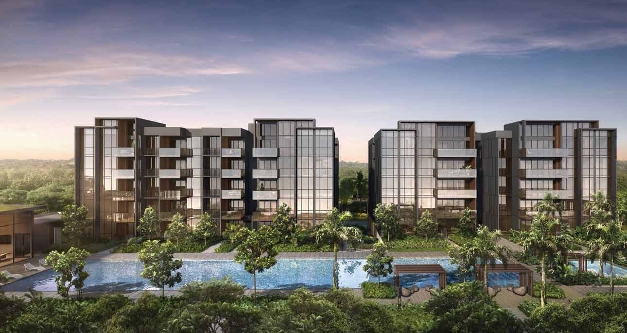 Artist's impression of The Commodore: two of the 5-storey blocks behind the lap pool and palms at dusk