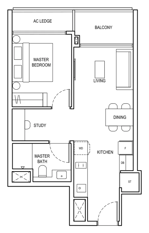 Floor plan of The Continuum type A, 1 Bedroom + Study, 560 sq ft