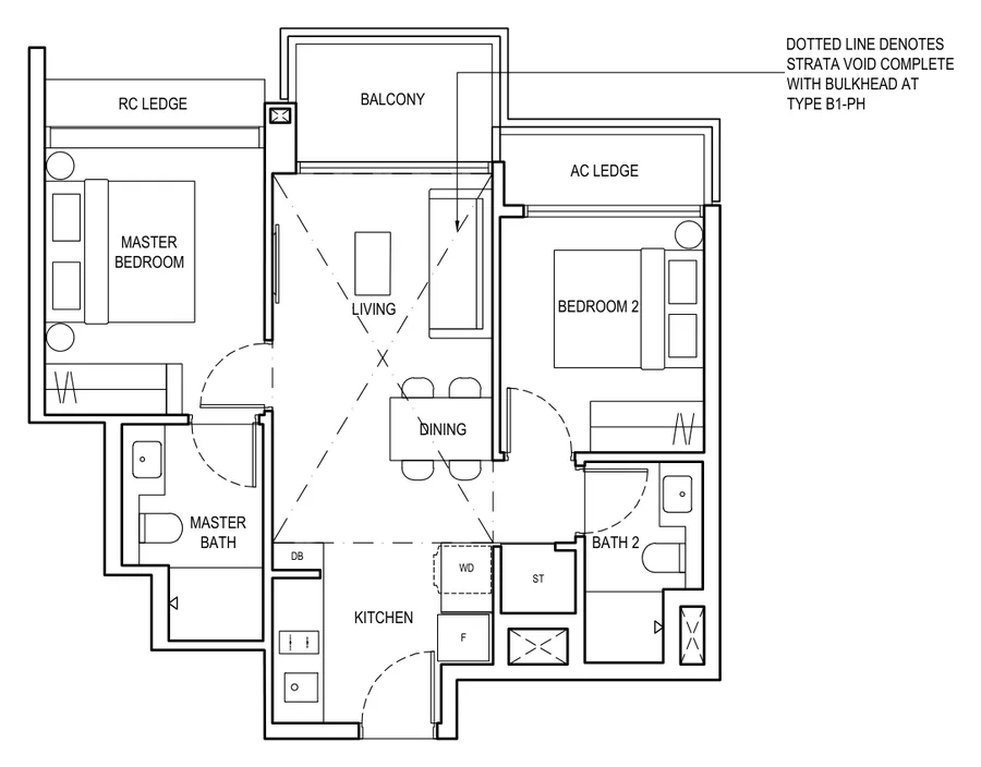 Floor plan of The Continuum type B1, 2 Bedroom, 646 sq ft