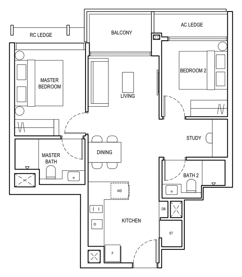 Floor plan of The Continuum type B4, 2 Bedroom + Study, 721 sq ft