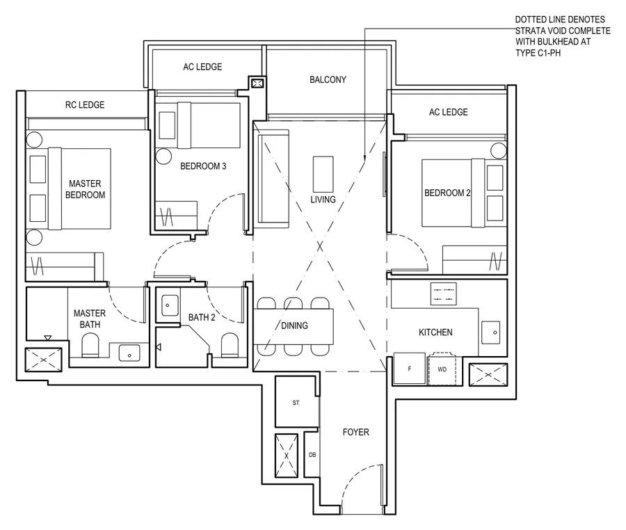 Floor plan of The Continuum type C1, 3 Bedroom, 872 sq ft