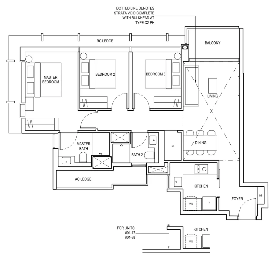 Floor plan of The Continuum type C2, 3 Bedroom, 947 sq ft