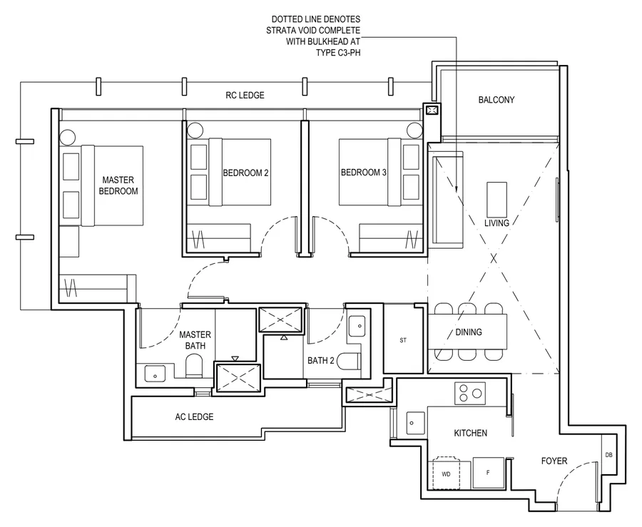 Floor plan of The Continuum type C3, 3 Bedroom, 947 sq ft