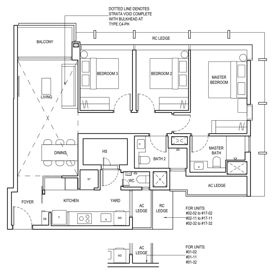 Floor plan of The Continuum type C4, 3 Bedroom Premier, 1,066 sq ft