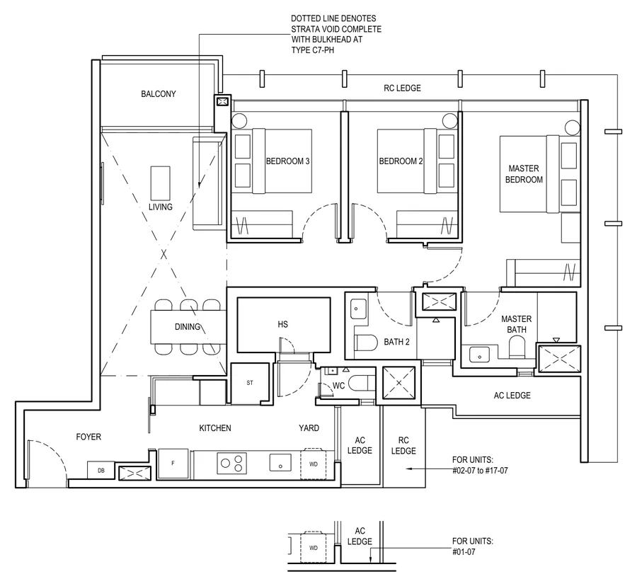 Floor plan of The Continuum type C7, 3 Bedroom Premier, 1,087 sq ft