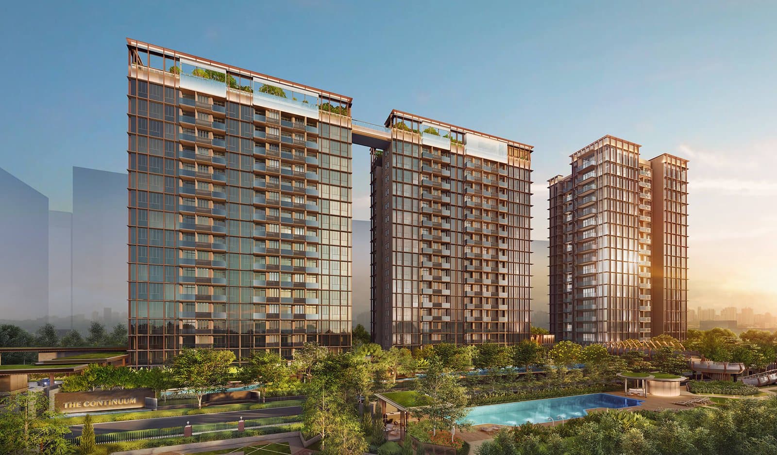 Artist's impression of The Continuum's towers at sunset, with the sky bridge between two of them and a pool in the gardens below