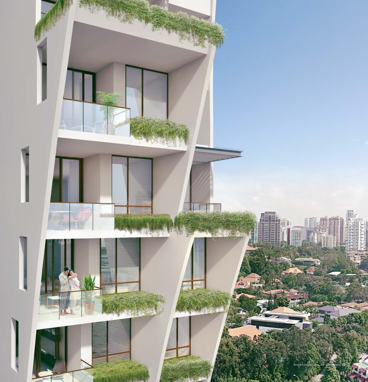 Artist's impression of The Crest: a tower's balconies and planters, looking over the houses and trees towards the city
