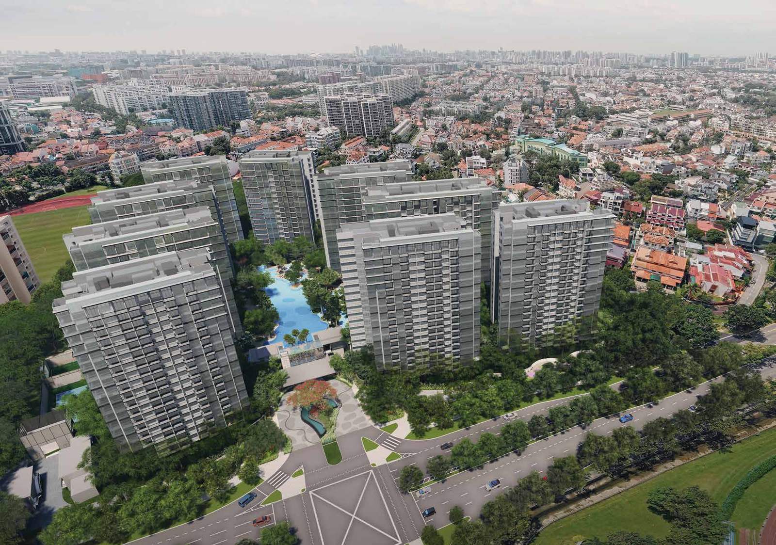 Artist's impression of The Florence Residences from above Hougang Avenue 2: nine 18-storey blocks around a long lagoon pool, the arrival court on the road, landed houses and the city skyline beyond