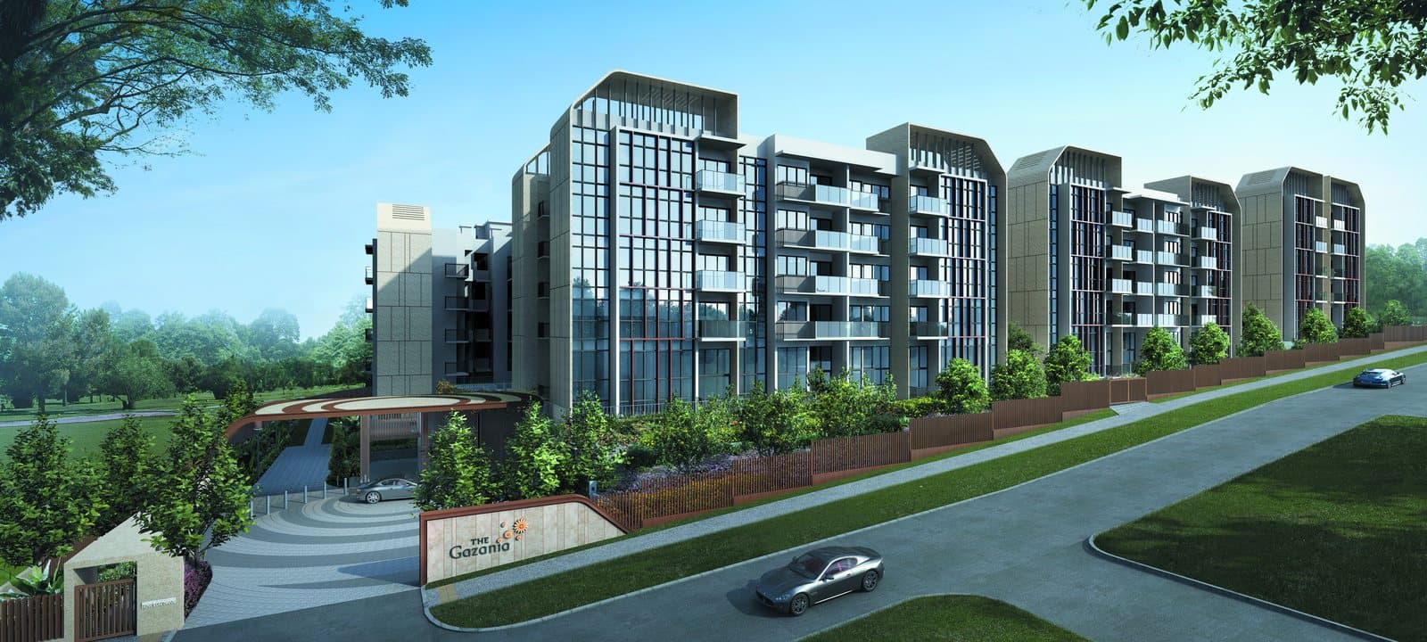 Artist's impression of The Gazania: 5-storey blocks behind the arrival canopy on How Sun Drive
