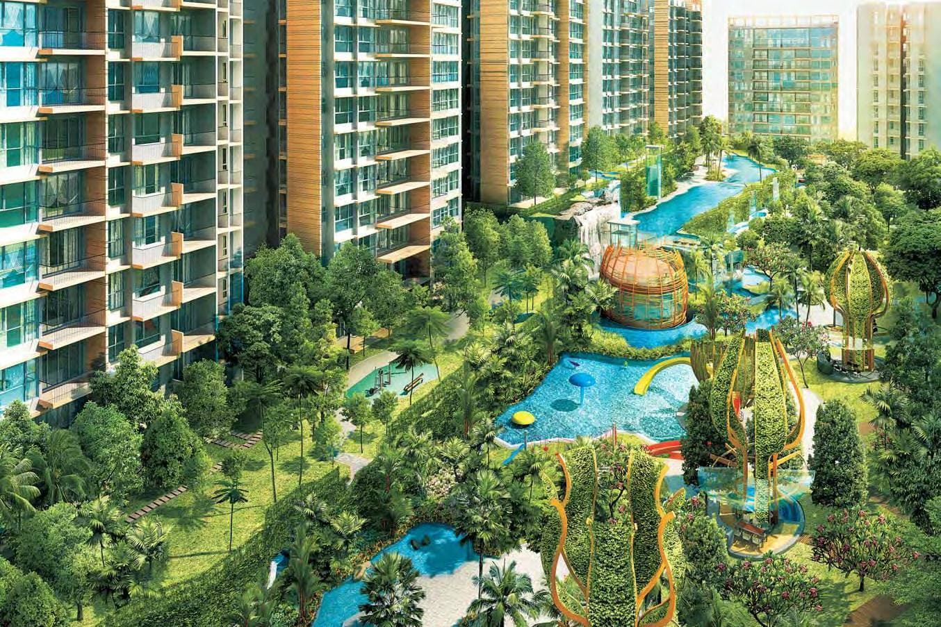 Artist's impression of The Glades: the blocks along the pools, the play pool with its slide and the three sky pods in the garden