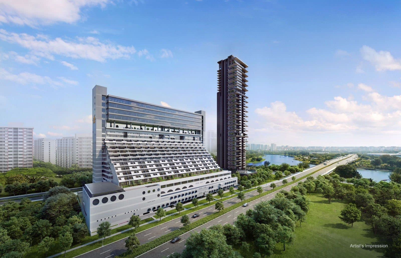 Artist's impression of The Golden Mile: the terraced Golden Mile Complex slab with a new office tower above, beside Nicoll Highway