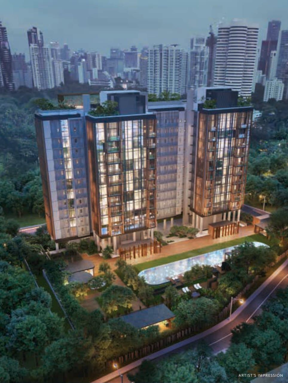 The Hyde: the 12-storey block on Balmoral Road at dusk, with the pool deck and gardens in front