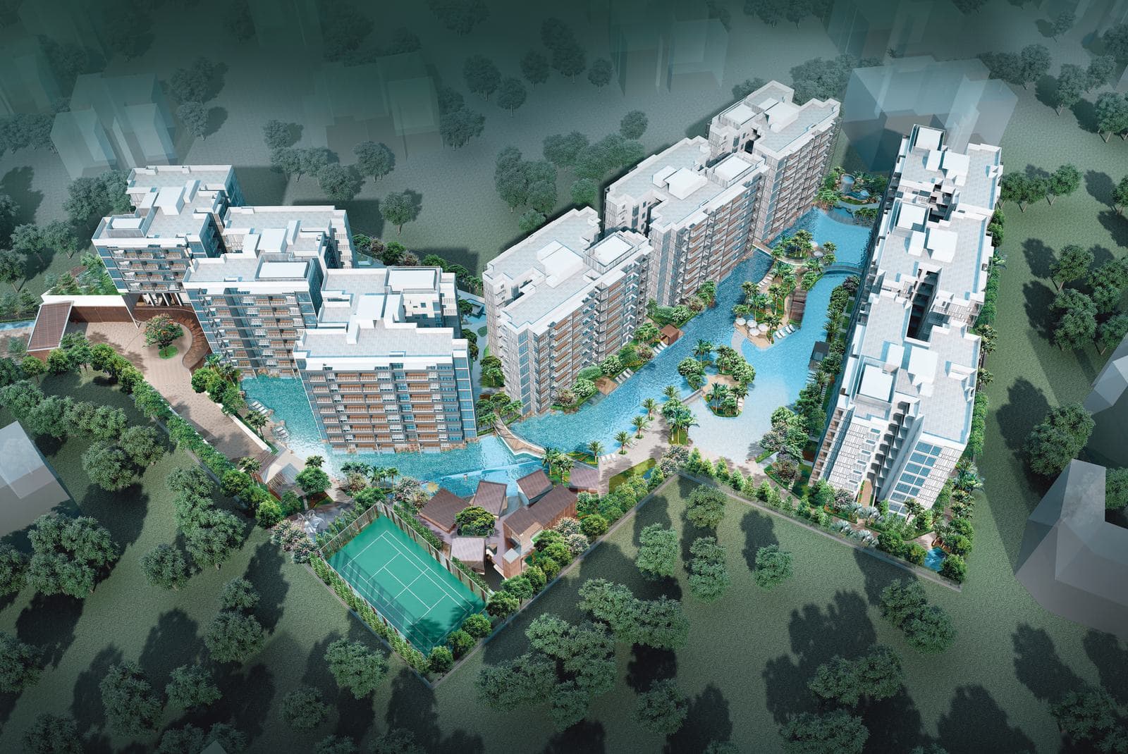 Artist's impression of The Jovell from the air: nine eight-storey blocks in three rows round a long winding leisure pool with islands, a clubhouse and a tennis court at the near edge