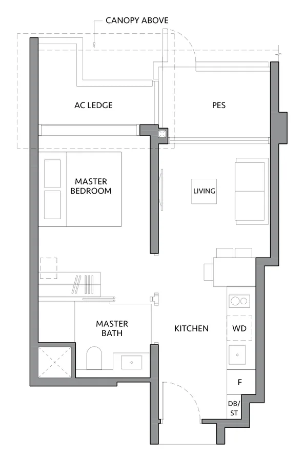 Floor plan of The LakeGarden Residences type A1-G, 1 Bedroom, 484 sq ft