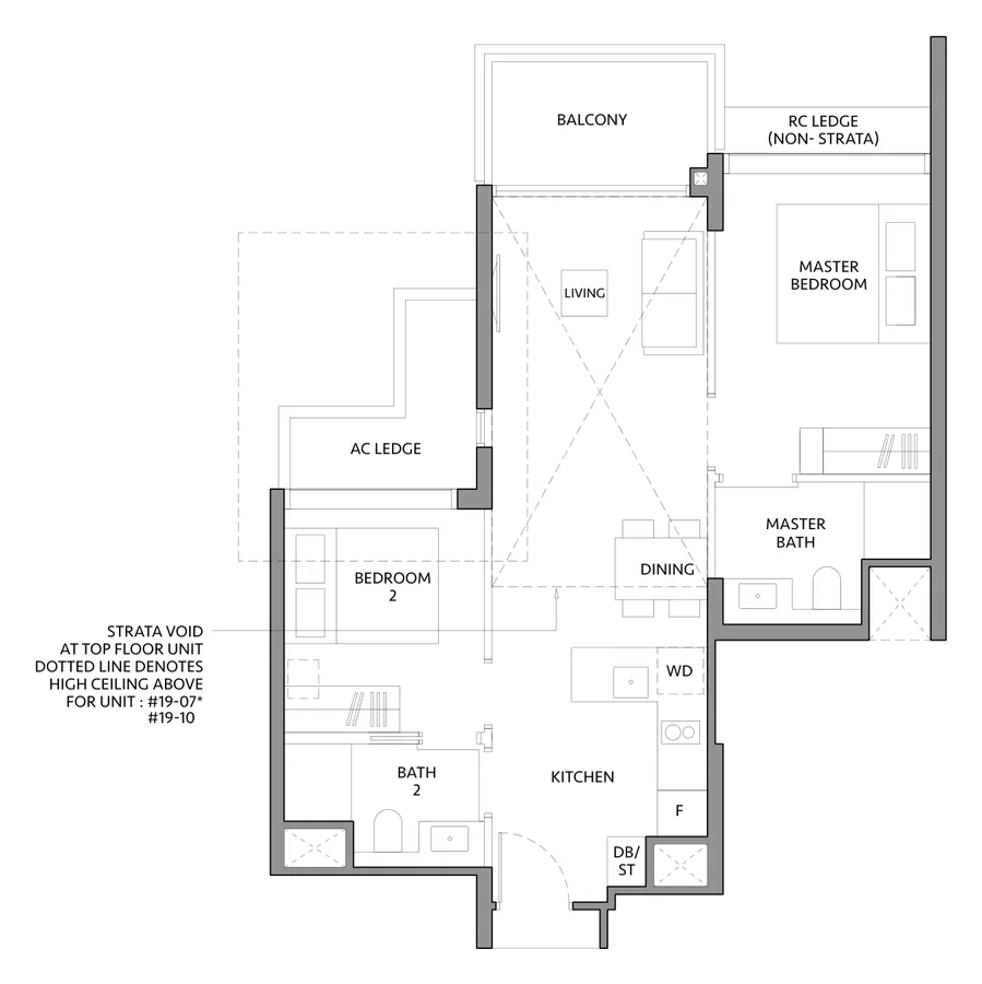 Floor plan of The LakeGarden Residences type B3P, 2 Bedroom (Premium), 732 sq ft