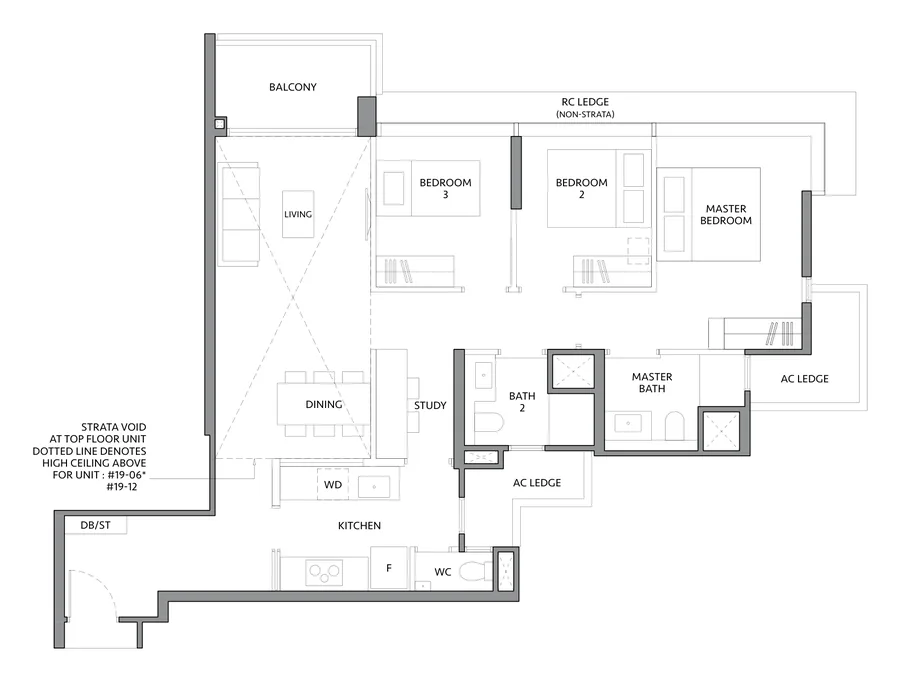 Floor plan of The LakeGarden Residences type CS1, 3 Bedroom + Study, 1,098 sq ft