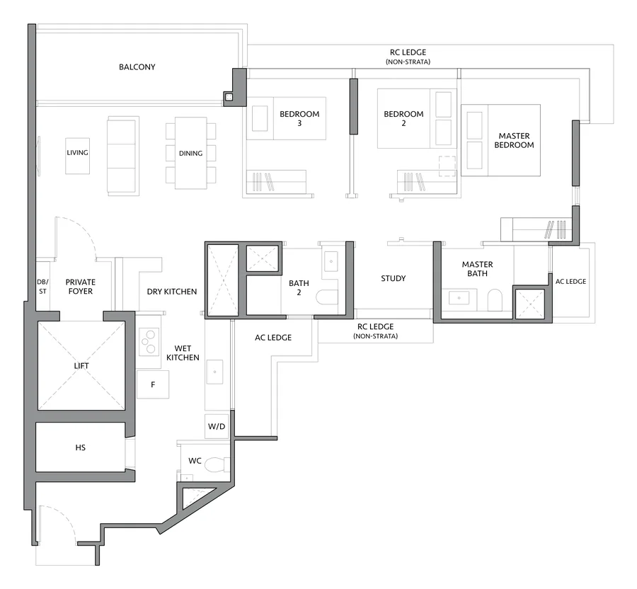 Floor plan of The LakeGarden Residences type CS3P, 3 Bedroom + Study (Premium), 1,238 sq ft