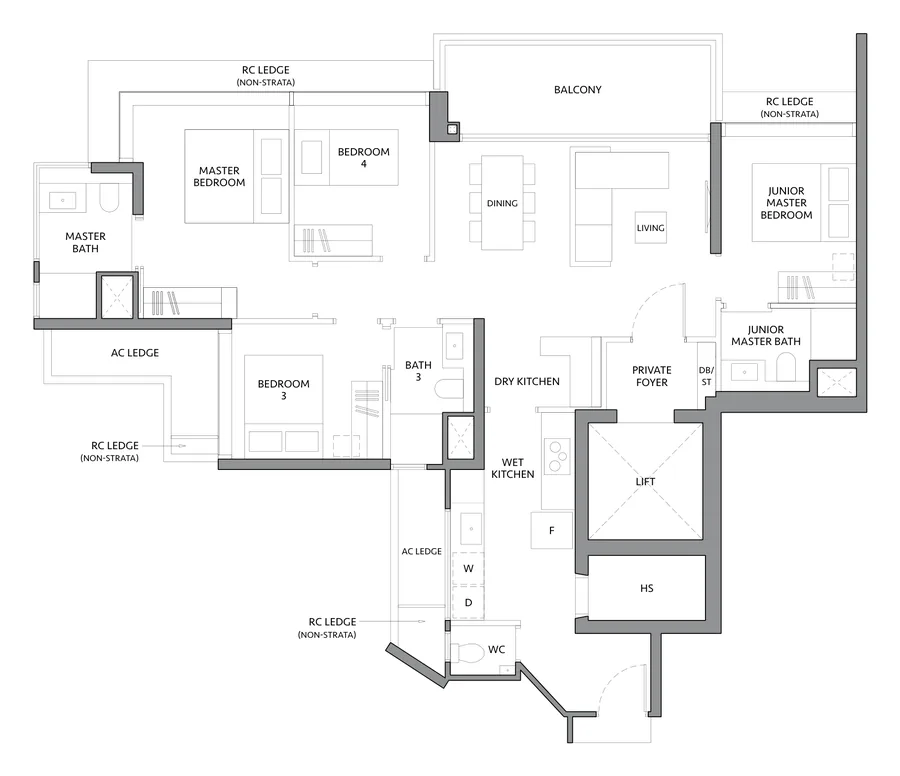 Floor plan of The LakeGarden Residences type D1, 4 Bedroom, 1,335 sq ft