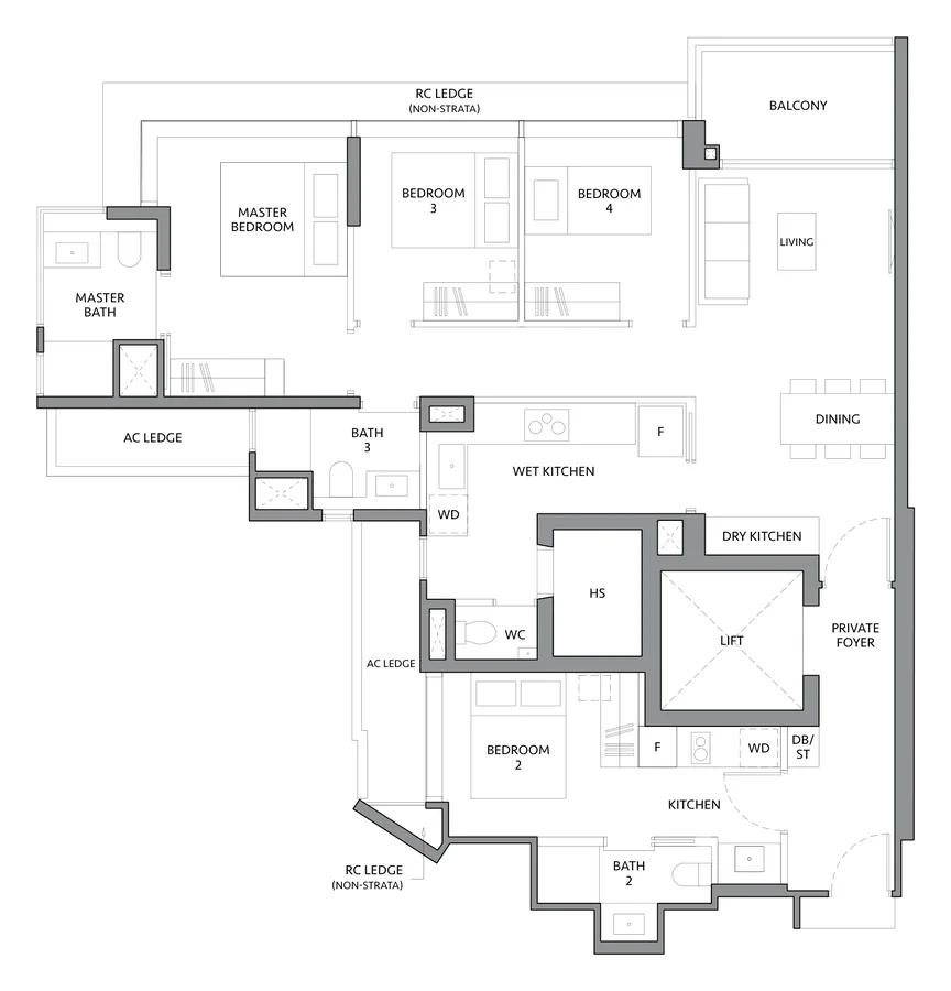Floor plan of The LakeGarden Residences type D3DK, 4 Bedroom Dual Key, 1,356 sq ft