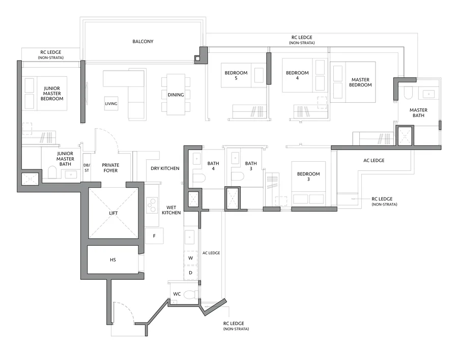 Floor plan of The LakeGarden Residences type E1, 5 Bedroom, 1,550 sq ft