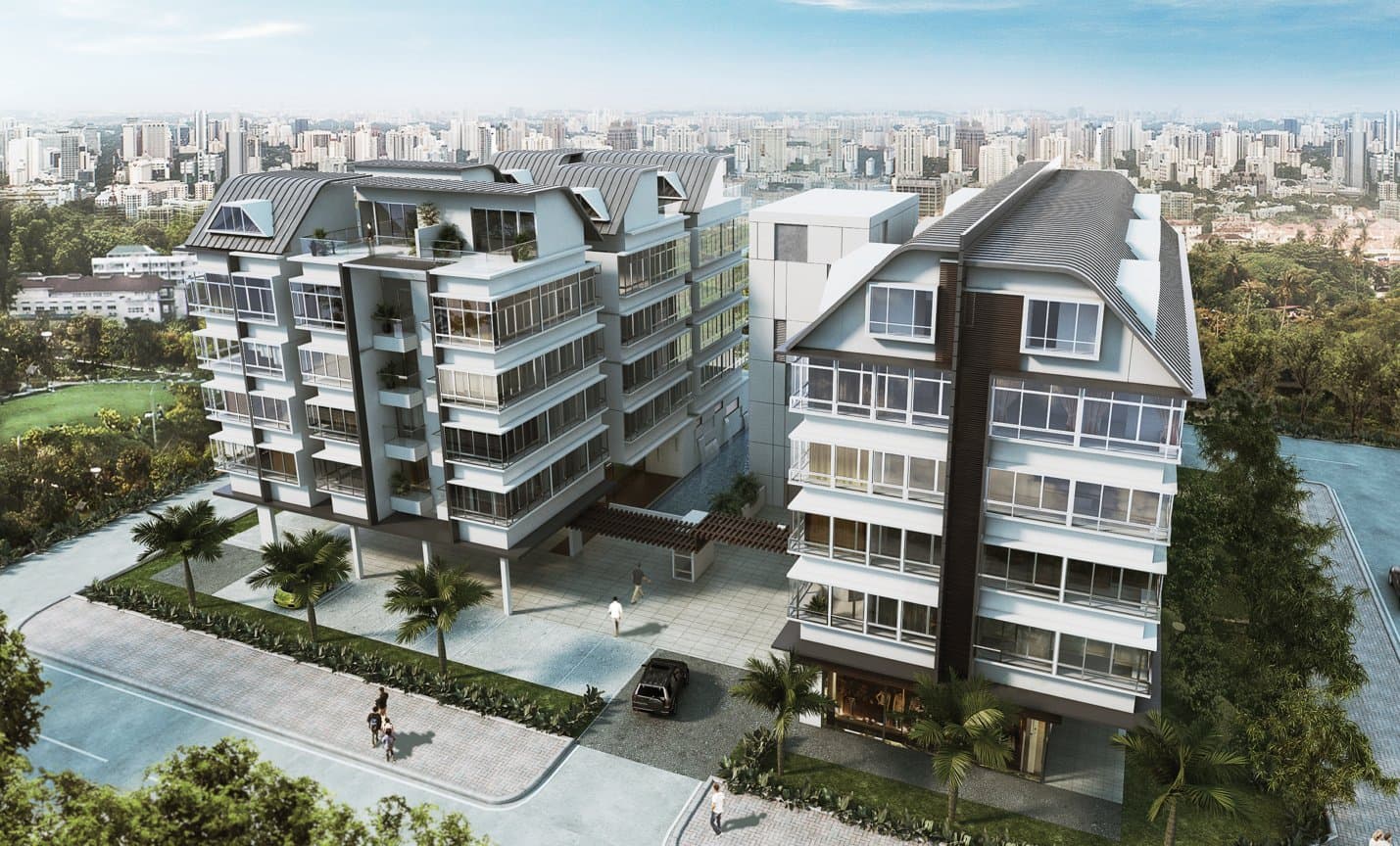 The Lenox: the two five-storey blocks with pitched roofs on Changi Road, seen from above the corner of Jalan Wakaff