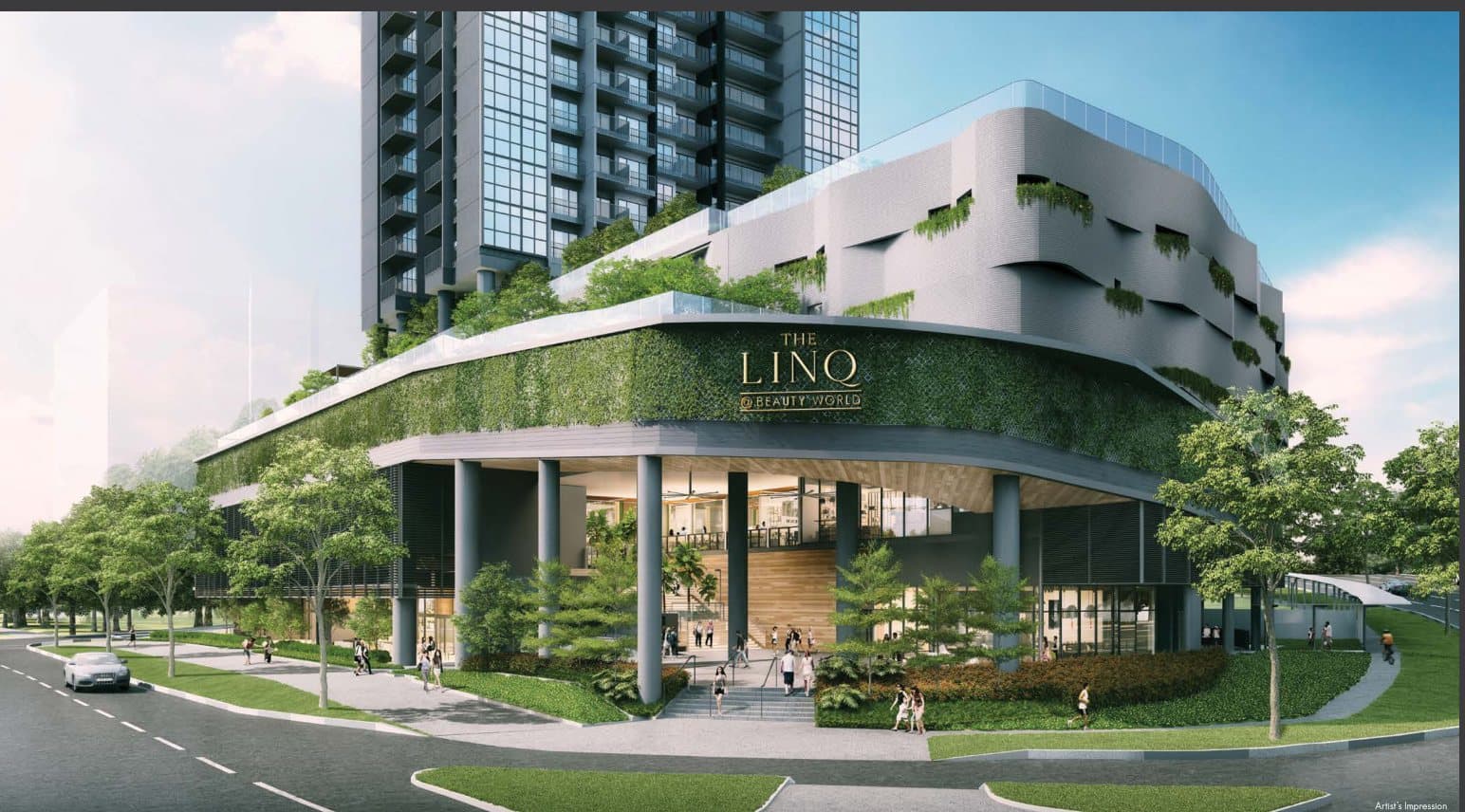 Artist's impression of The Linq @ Beauty World: the green commercial podium on Upper Bukit Timah Road with the 20-storey tower above