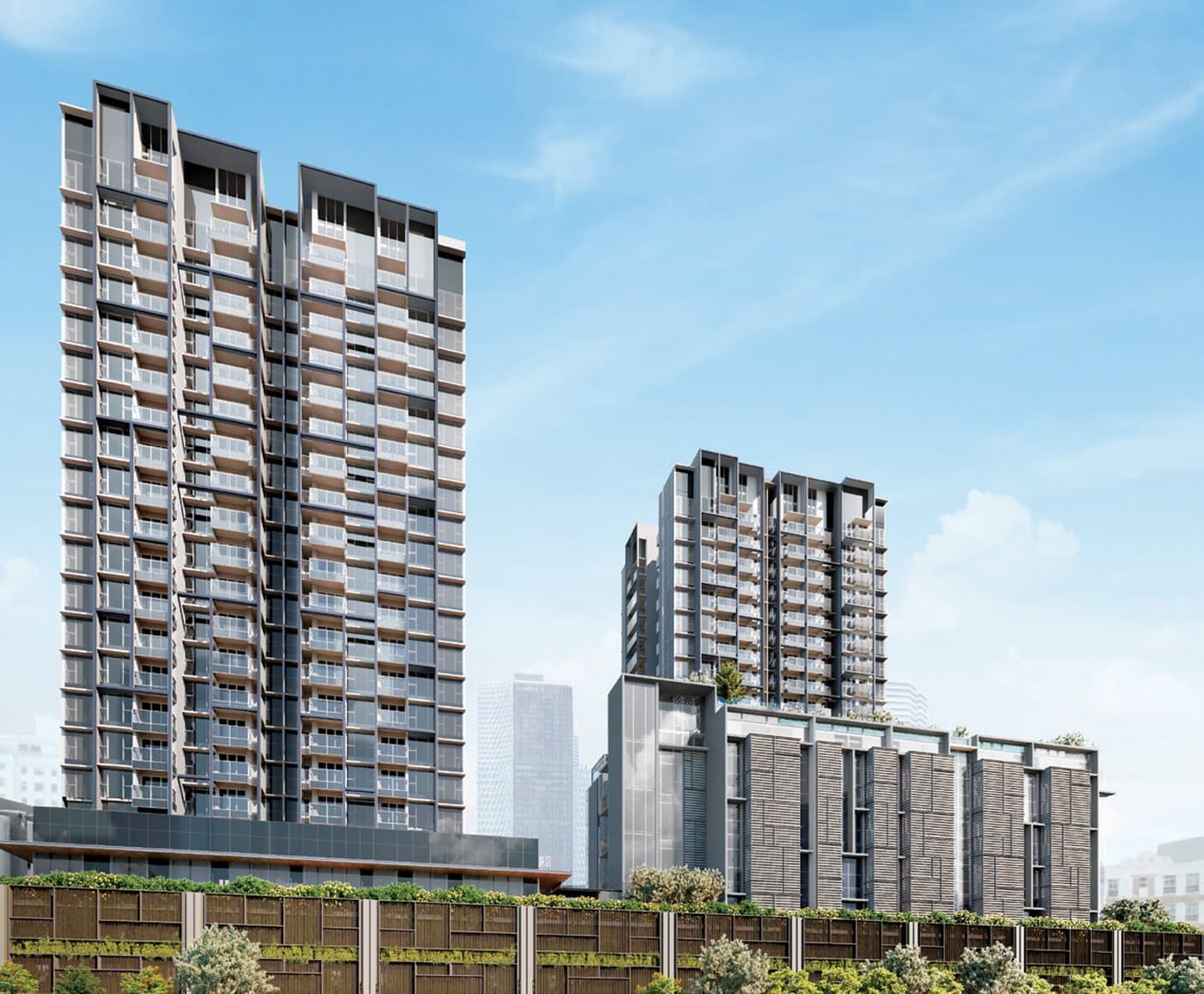 Artist's impression of The M from Middle Road by day: a dark 20-storey tower on the left, a second tower behind and the 6-storey block with slatted screens on the right, over a row of shops with planted ledges