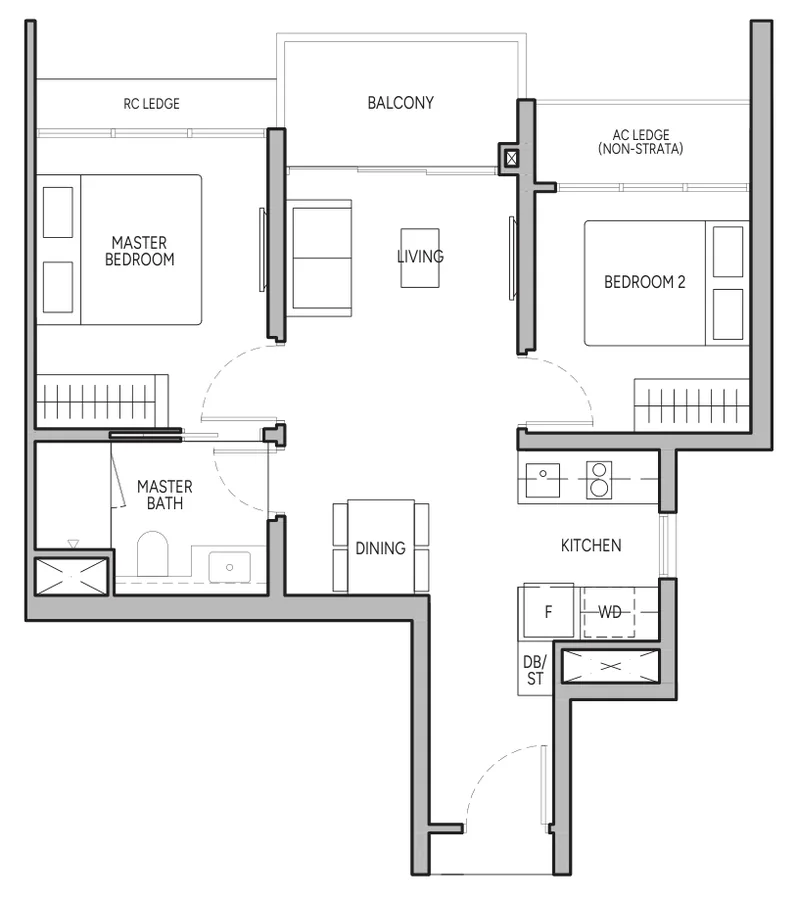 Floor plan of The Orie type B1, 2-Bedroom, 592 sq ft