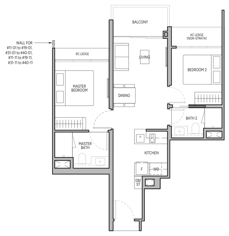 Floor plan of The Orie type B2, 2-Bedroom, 646 sq ft
