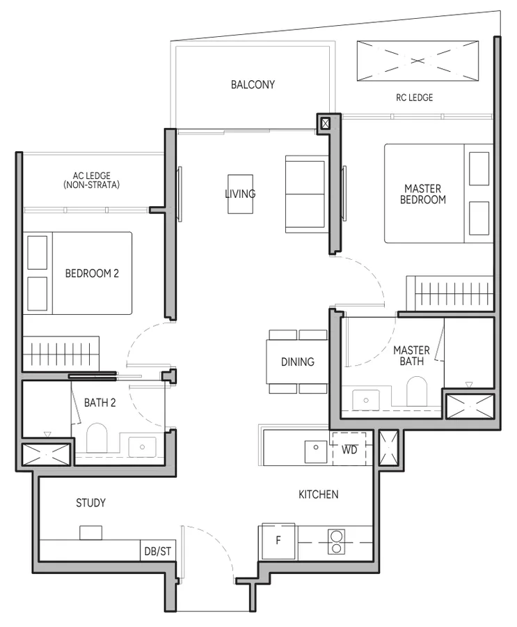 Floor plan of The Orie type B4S, 2-Bedroom Premium + Study, 700 sq ft