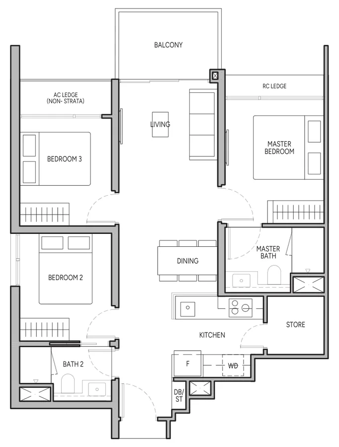 Floor plan of The Orie type C1, 3-Bedroom, 850 sq ft