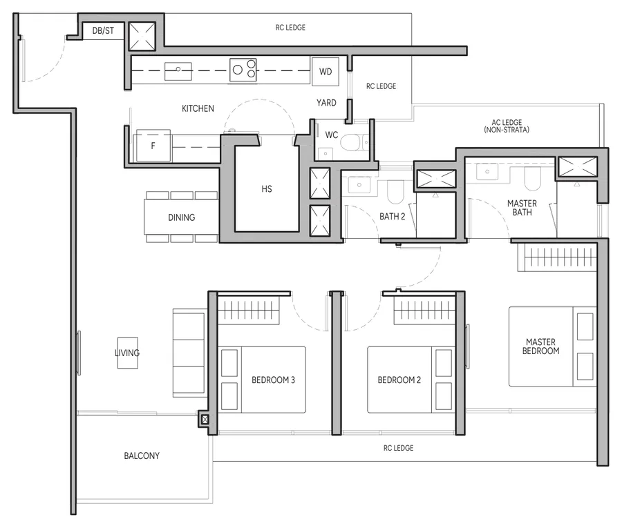 Floor plan of The Orie type C2, 3-Bedroom Premium, 1,023 sq ft