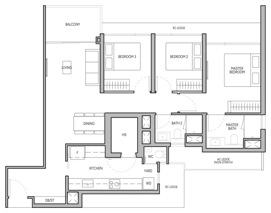 Floor plan of The Orie type C2A, 3-Bedroom Premium, 1,044 sq ft