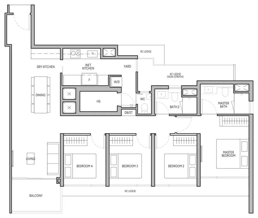 Floor plan of The Orie type D1, 4-Bedroom, 1,216 sq ft