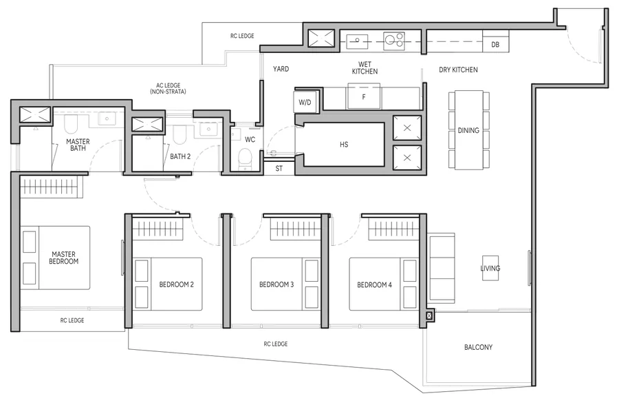 Floor plan of The Orie type D2, 4-Bedroom, 1,216 sq ft